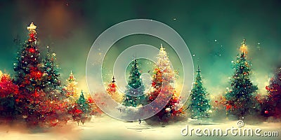 Magical forest with fantasy Christmas tree, magical Christmas time, snow and snowflakes, winter decoration, generative Ai Stock Photo