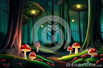 Magical forest with glowing toadstools and fireflies. Generative AI Stock Photo