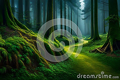 A magical forest illuminated by the soft glow of fireflies at twilight, their tiny lights creating an enchanting and whimsical Stock Photo