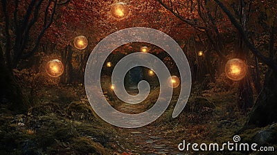 Magical forest path with glowing orbs at dawn, creating an enchanting atmosphere Stock Photo