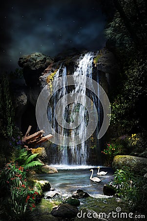 Magical forest waterfall-1 Stock Photo