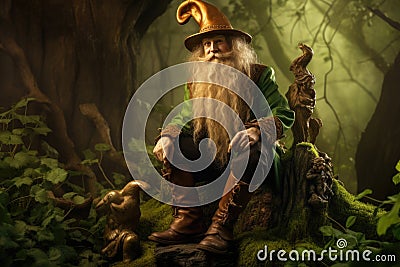 In a magical forest, a whimsical leprechaun sits on a stump, surrounded by a sea of clovers, creating an enchanting Stock Photo