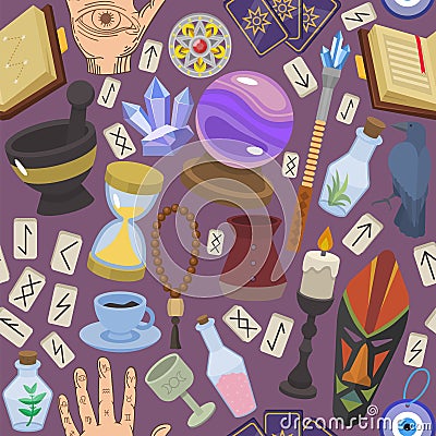 Magical fortune telling mystery occult things vector illustration. Collection set seamless pattern magician background. Vector Illustration