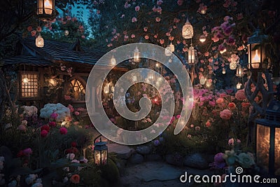 magical garden with blooming flowers, glittering lanterns, and enchanting music Stock Photo