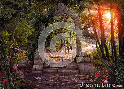 Magical Gate Fantasy Forest Path Stock Photo