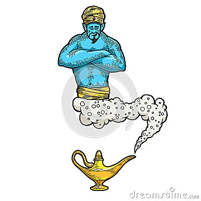 Magical genie color sketch engraving vector Vector Illustration