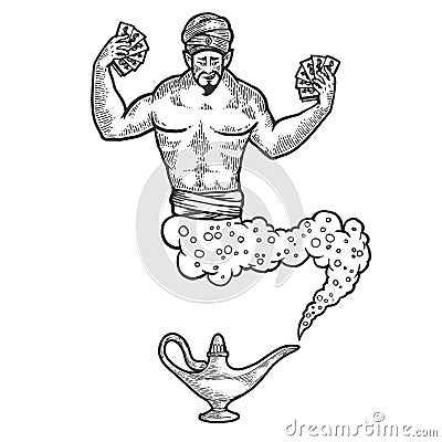 Magical genie with money sketch engraving vector Vector Illustration