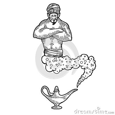 Magical genie sketch engraving vector Vector Illustration