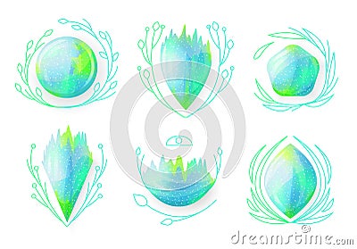 Magical green crystals realistic, vector set Vector Illustration