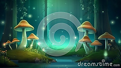 Magical green fairytale forest with mushrooms as dreamy background illustration. Digital illustration Cartoon Illustration