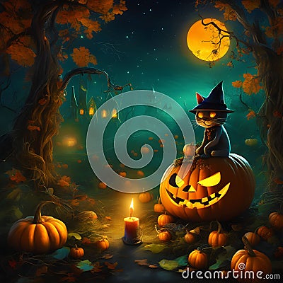 On a magical Halloween night, a cheerful cat takes center stage Stock Photo