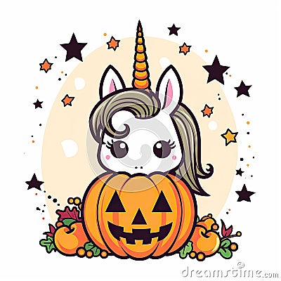 Magical Halloween unicorn and pumpkin vector Stock Photo