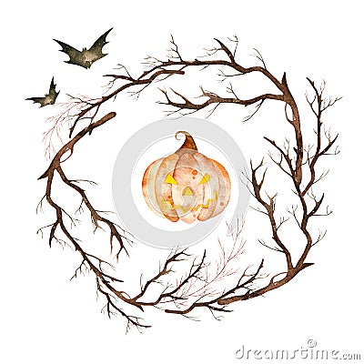 This magical halloween wreath included branches,crazy pumpkin and bats. Stock Photo
