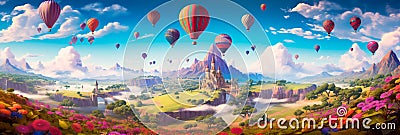 Magical hot air balloon flight through the clouds and fantastic landscapes. Stock Photo