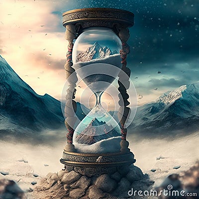 A magical hourglass with unusual sand in which time has stopped. In mountains Cartoon Illustration