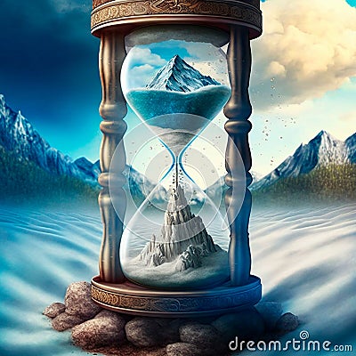 A magical hourglass with unusual sand in which time has stopped. In mountains Cartoon Illustration