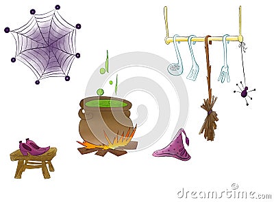 Magical kitchen of Halloween with shoes and hat of wizard drawn by watercolor Stock Photo