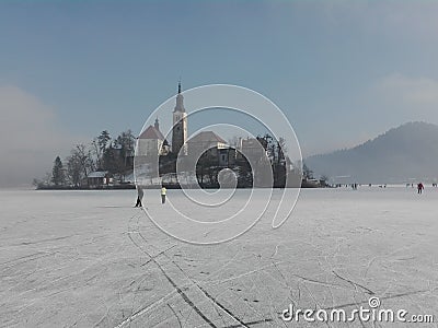 Magical lake Bled winter fairyland island church slovenia Stock Photo