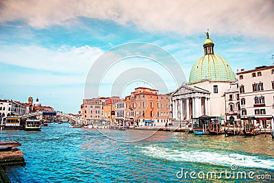 Magical landscape with boats on the Grand Canal in Venice, Italy. popular tourist attraction. Wonderful exciting places. vacation Stock Photo