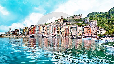 The magical landscape of the harbor with colorful houses in the boats in Porto Venere, Italy, Liguria Stock Photo