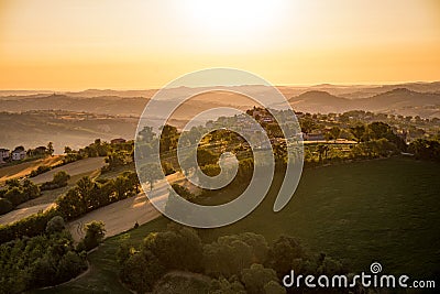 The Magical Landscape of Le Marche Italy from a Balloon at Sunrise Stock Photo