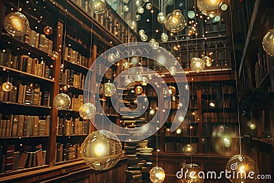 A magical library with books that float and pages that turn themselves illuminated by floating orbs of light Stock Photo