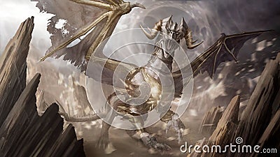 A magical light dragon in golden armor with twisted horns and an open mouth among sharp rocks under bright rays. Stock Photo