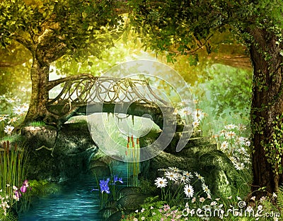 Magical fairy tale forest with an enchanting bridge over a brook Stock Photo