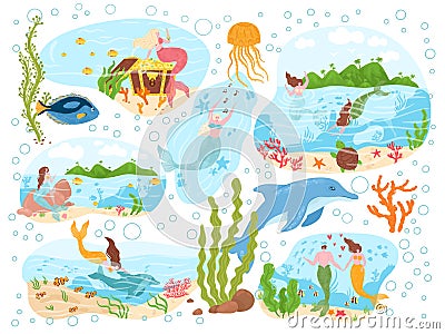 Magical mermaid sea creature, ocean character nymph with marine animal dolphin poster banner set flat vector Vector Illustration