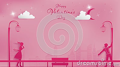 Magical moment in metropolis of valentines paper art Vector Illustration