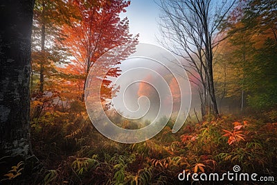 magical moment, with mist rising from the forest, and colorful autumn leaves peeking through Stock Photo