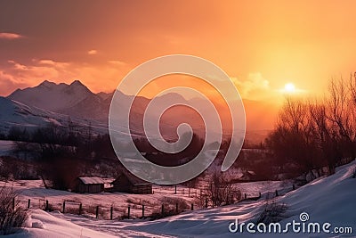 magical moment, with the sun rising behind snow-capped mountain range and illuminating the sky with warm colors Stock Photo