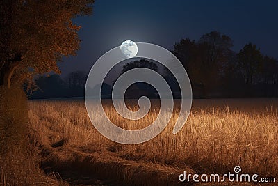 magical moonlit night with a harvest moon casting its glow on the fields Stock Photo