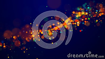 Magical multicolored sparkles of light form abstract simple spiral structure. Multi-colored glow particles float in Stock Photo