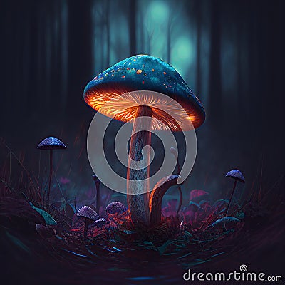 A magical mushroom in a dark misty forest with dramatic phantasmal iridescent lighting, ai generated Stock Photo