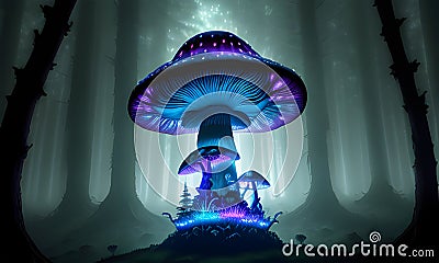 A majestic magical mushroom standing tall amidst the darkness. Generated by AI technology. Stock Photo