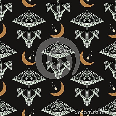 Magical mushrooms sacred geometry seamless pattern. Psychedelic magic boho hippie folk psychedelic magic drawing. Vector Illustration