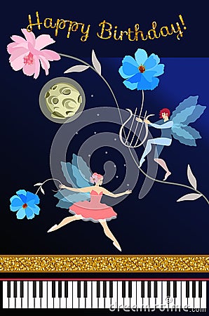 Magical music. Greeting card or poster with concert grand piano, charming fairy ballerina, elf with lyre, moon, stars, flowers Vector Illustration