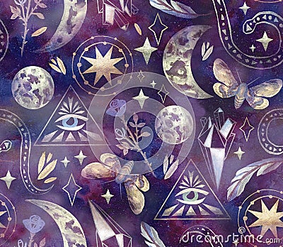 Magical and mystical characters. Stock illustration with moon phases, rose, stars, feather and night butterfly. Cartoon Illustration