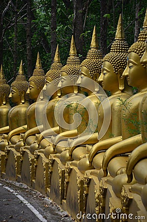 Magical natural place with a row of golden Buddhas. Editorial Stock Photo