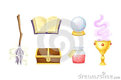 Magical Object and Witchcraft with Broom, Spellbook, Crystal Ball, Goblet, Flask and Treasure Chest Vector Set Vector Illustration