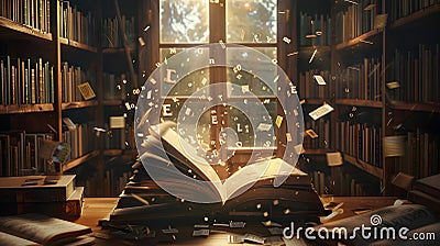 Magical Open Book in Enchanted Library Floating Letters and Page Symbolizing Power of Knowledge Stock Photo