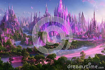 Magical Pink Crystal Oasis: A Serene City in the Midst of a Mystical Glowing Forest with Generative AI Stock Photo