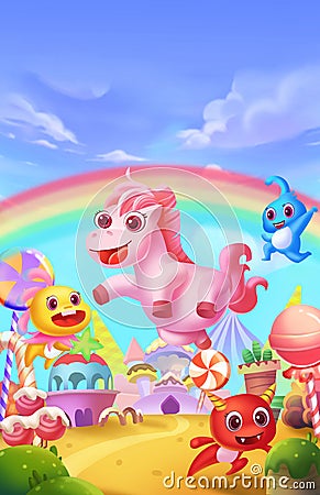 Magical Rainbow Land. Children Imaginary Natural Backdrop. Concept Art Stock Photo