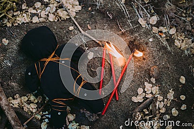 Magical ritual in spring forest Stock Photo