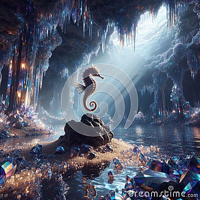 A magical seahorse in the underwater cave. generative ai Stock Photo