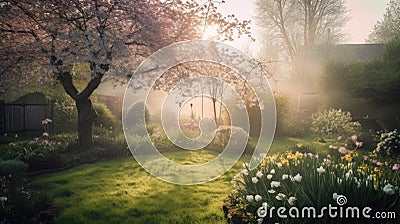 Magical secret garden with dreamy morning sun. Flowers, trees, and hidden enchanted garden. Stock Photo