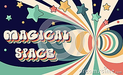 Magical space groovy vector illustration. 70s 60s Retro design with stars, geometric shapes and space background Vector Illustration