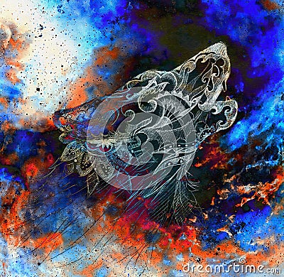 Magical space wolf, multicolor computer graphic collage Stock Photo