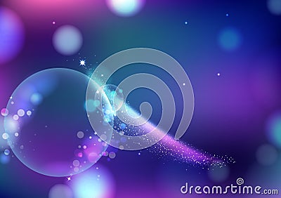 Magical stars fantasy blurry bubbles air blinking Bokeh abstract background, comets sparkle traveling violet galaxy and space Vector Illustration
